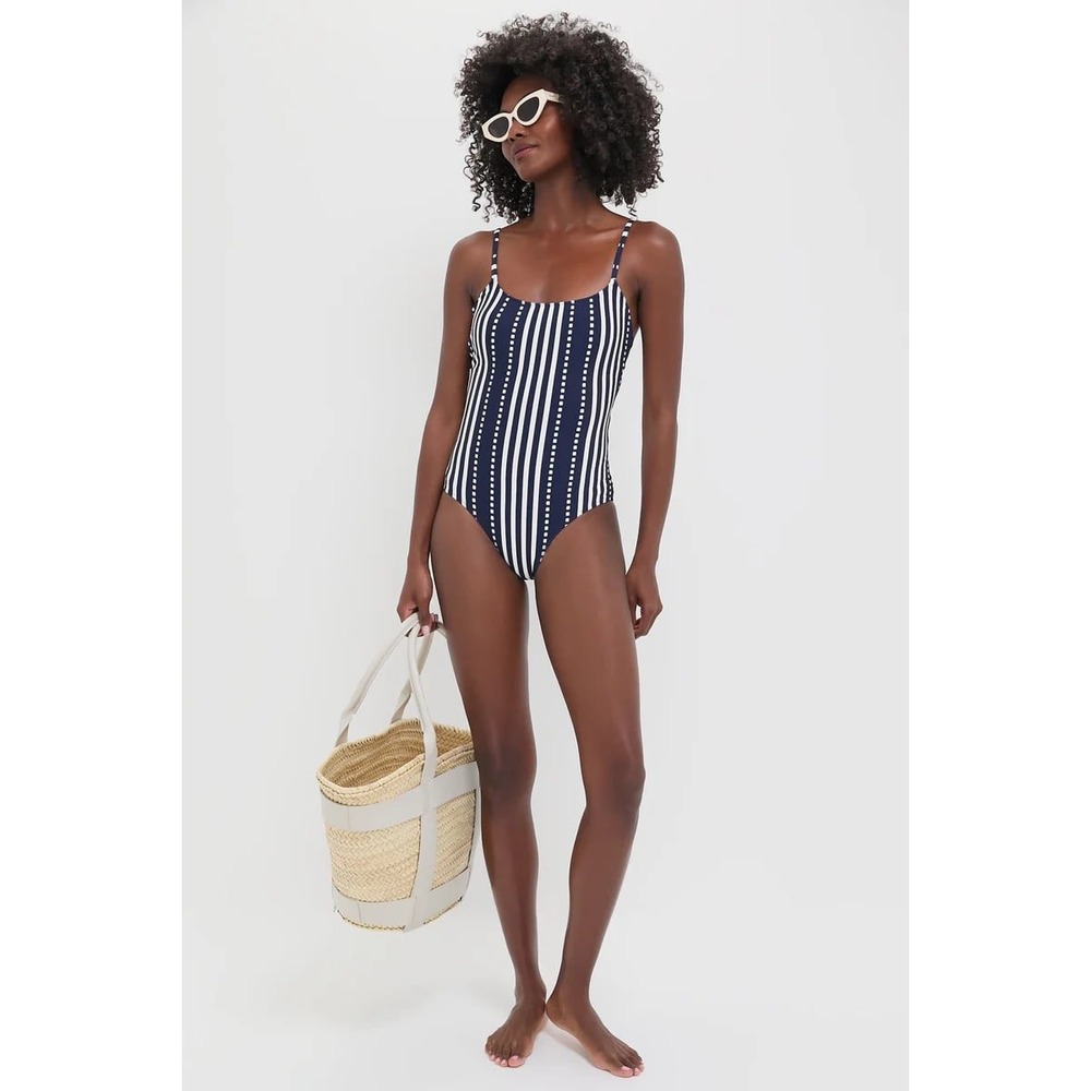 Tuckernuck Lemlem Elene One Piece Swimsuit Navy White Stripe Scoop Neck Size L‎